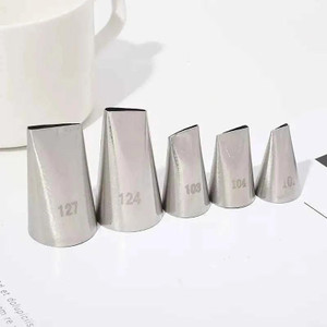 TM Cake Supplies Petal Piping Nozzle Set - 5 Pieces, stainless steel piping nozzles with different petal designs for cake decorating. TM Cake Supplies Petal Piping Nozzle Set - 5 Pieces, stainless steel piping nozzles with different petal designs for cake decorating.