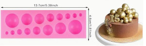 TM Cake Supplies Half Sphere Multi Size Silicone Mould 16 Cavity, pink silicone mould with various sized half-sphere cavities for cake decorating and chocolate crafting. TM Cake Supplies Half Sphere Multi Size Silicone Mould 16 Cavity, pink silicone mould with various sized half-sphere cavities for cake decorating and chocolate crafting.