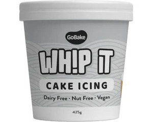 Go Bake Whip It Cake Icing - Super White, dairy-free, nut-free, vegan cake icing in a white plastic tub. Go Bake Whip It Cake Icing - Super White, dairy-free, nut-free, vegan cake icing in a white plastic tub.