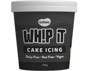 Whip it Cake Icing - Super Black, black cake icing container with GoBake branding and product label. Whip it Cake Icing - Super Black, black cake icing container with GoBake branding and product label.