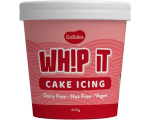 Go Bake Whip it Cake Icing - Bright Red, a container of bright red cake icing with a white lid and red label featuring the product name and details. Go Bake Whip it Cake Icing - Bright Red, a container of bright red cake icing with a white lid and red label featuring the product name and details.