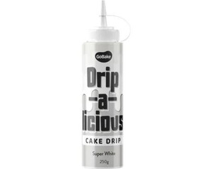 Go Bake Drip-A-Licious Cake Drip Super White - 250G, white cake decorating drip bottle for cake decorating. Go Bake Drip-A-Licious Cake Drip Super White - 250G, white cake decorating drip bottle for cake decorating.