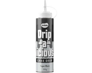 Go Bake Drip-A-Licious Cake Drip Super Black - 250G, a black and white bottle of cake drip with a pointed nozzle for decorating cakes and desserts. Go Bake Drip-A-Licious Cake Drip Super Black - 250G, a black and white bottle of cake drip with a pointed nozzle for decorating cakes and desserts.