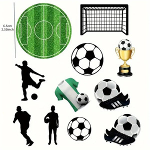 TM Cake Supplies Soccer/Football Cake Topper Set, football-themed decorations including soccer balls, a goalpost, a trophy, a soccer jersey, and soccer player silhouettes for sports-themed cake decor. TM Cake Supplies Soccer/Football Cake Topper Set, football-themed decorations including soccer balls, a goalpost, a trophy, a soccer jersey, and soccer player silhouettes for sports-themed cake decor.
