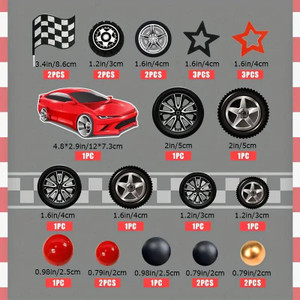 TM Cake Supplies Racing Car Theme Cake Topper Set – 24 Piece, collection of 24 cake decorations including checkered flag, racing wheels, stars, car, and balls in various sizes and colors. TM Cake Supplies Racing Car Theme Cake Topper Set – 24 Piece, collection of 24 cake decorations including checkered flag, racing wheels, stars, car, and balls in various sizes and colors.