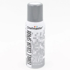 Chefmaster Edible Spray Paint – Silver 42g, a cylindrical aerosol spray can with a gray cap and white body decorated with pixelated silver design, used for decorating edible items. Chefmaster Edible Spray Paint – Silver 42g, a cylindrical aerosol spray can with a gray cap and white body decorated with pixelated silver design, used for decorating edible items.