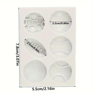 TM Cake Supplies Sports Ball Silicone Mould, a white silicone mold with six different sports ball patterns, dimensions 7.8cm by 5.5cm, used for baking or crafting in Auckland, NZ. TM Cake Supplies Sports Ball Silicone Mould, a white silicone mold with six different sports ball patterns, dimensions 7.8cm by 5.5cm, used for baking or crafting in Auckland, NZ.