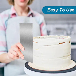 TM Cake Supplies Stainless Steel Cake Scraper – 10 Inch, professional cake decorating tool for smoothing icing on cakes. TM Cake Supplies Stainless Steel Cake Scraper – 10 Inch, professional cake decorating tool for smoothing icing on cakes.