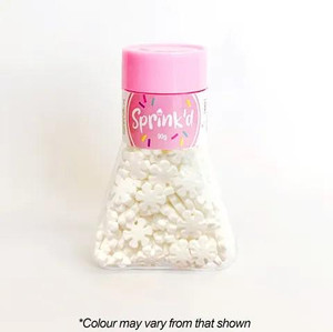 Sprink'd White Snowflake Sprinkles – 90g (12mm), white snowflake-shaped cake and cupcake decorating sprinkles in a clear jar with pink lid Sprink'd White Snowflake Sprinkles – 90g (12mm), white snowflake-shaped cake and cupcake decorating sprinkles in a clear jar with pink lid