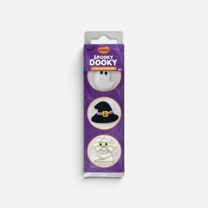 GoBake Spooky Dooky Icing Decorations – 6 Pack, Halloween-themed cake decorating icing decorations including a ghost, witch hat, and mummy.