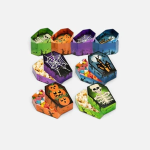 Halloween Coffin Treat Boxes 8 Pack in assorted orange purple green and blue spooky designs