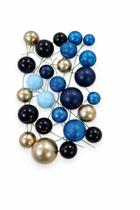 The Cake Mixer Midnight & Gold Ball Cake Decorations (Wired Mix), image shows blue, black, and gold decorative cake toppers on wires for cake decorating.