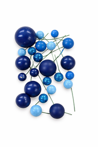 The Cake Mixer Ocean Blues Ball Cake Decorations (Wired Mix), collection of blue spherical cake decorations in various shades and sizes on a clear tray.