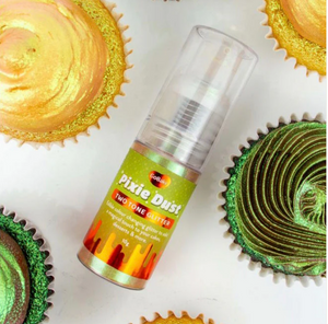 Rainbow Dust Pixie Dust gold and green edible glitter spray with decorated cupcakes
