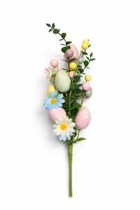 Pastel Easter egg daisy floral spray with greenery and berry accents