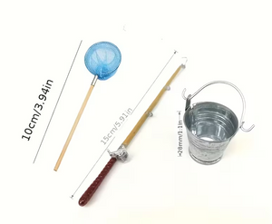 Mini fishing net and bucket cake decoration set with rod props for beach themed cakes
