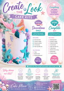 Mermaid Create the Look Cake Decorating Kit featuring pastel mermaid tails, shells, coral decorations and cake decorating supplies for creating a stunning mermaid birthday cake.
