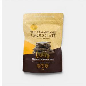 Remarkable 53% dark chocolate bark with salted caramel brittle and spicy ginger in a 125g resealable pouch