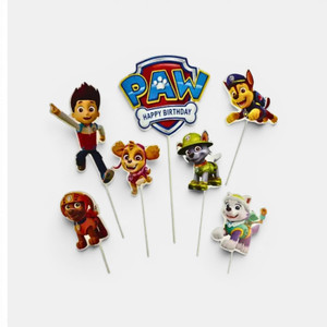 Paw Patrol cake topper set with rescue pups and Happy Birthday sign for themed birthday cakes