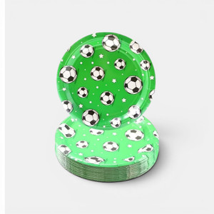 Green soccer party plate with football and star design, 18cm disposable plate for sports-themed parties