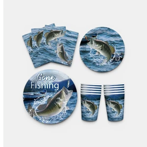 Fishing party tableware featuring jumping fish design including plates, cups and napkins sold individually