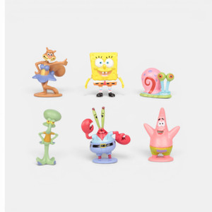 SpongeBob character figurine set including SpongeBob, Patrick, Squidward, Mr Krabs, Gary the Snail and Sandy Cheeks cake decorations