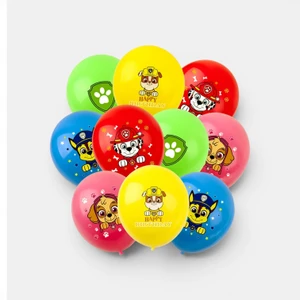 Pack of 10 colourful 12 inch Paw Patrol balloons featuring Chase, Marshall, Skye and Rubble birthday party designs