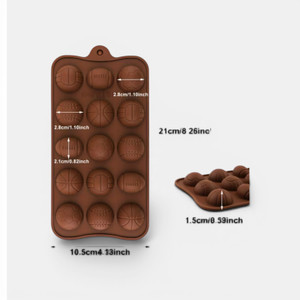 Sports ball silicone chocolate mould with 15 cavities featuring soccer balls, basketballs, volleyballs and football designs