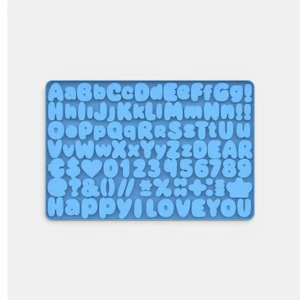 Blue alphabet and number silicone mould measuring 30cm x 20cm with letters, numbers and symbols for cake decorating.