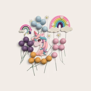 Unicorn Rainbow Cake Topper Set 28 piece with unicorn, rainbows, flowers and colourful balloon cake picks