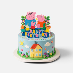 Peppa Pig Birthday Cake with Happy Birthday character topper, house, flowers, clouds and colourful garden decorations