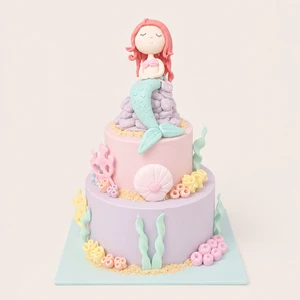 Two tier Mermaid Birthday Cake with handmade red-haired mermaid, blue buttercream, coral, shells, fish and underwater decorations