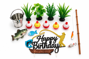 Fishing Cake Decorating Kit with fishing rod, floats, fish, greenery, miniature bucket and Happy Birthday fishing cake topper