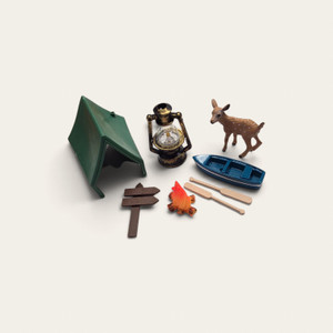 Camping Cake Decorating Kit with miniature tent, lantern, deer, rowboat, oars, campfire and wooden signpost