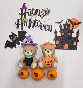 Halloween Cake Decoration Set with witch and pumpkin teddy bears, pumpkins, haunted house, bats and Happy Halloween cake toppers