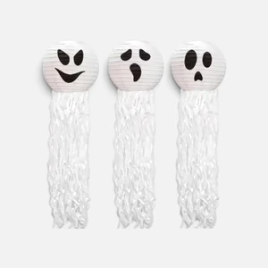 Hanging Ghost Halloween Decoration with 20cm white head, black face and long white streamers – face supplied at random