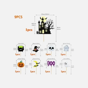 Halloween Cake Topper Set 9 Piece with haunted house, ghost, pumpkin, witch hat, skull, cauldron, gravestone and BOO picks