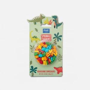 PME Sprinkle Charms Roarsome Dinosaurs 25g featuring colourful edible dinosaur-shaped sprinkles in blue, green, yellow, orange and red, displayed in dinosaur-themed PME packaging.