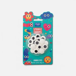 PME Sprinkle Charms Jumbo Eyes 25g featuring large white edible candy eyes with black pupils in colourful turquoise PME packaging, perfect for monster cupcakes and character cakes.