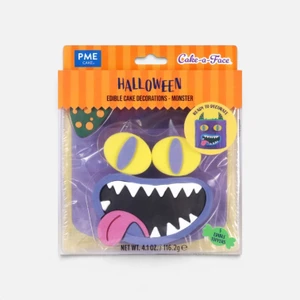 PME Cake-a-Face Halloween Monster Edible Cake Decorations 5-piece set with yellow monster eyes, purple pupils, large toothy mouth, pink tongue and colourful horns.