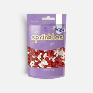 Arcoiris Candy Cane Sprinkles Mix 80g in a purple resealable pouch, featuring red and white candy cane-shaped edible sugar decorations for Christmas baking.