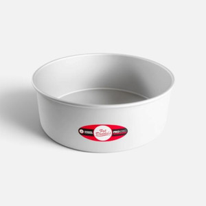 Fat Daddio's ProSeries 10 x 4 inch deep round cake tin made from silver anodised aluminium, with straight sides for baking tall celebration and wedding cakes.