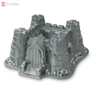 3D Castle Cake Tin Hire, howick store collection, a silver-colored cake mold shaped like a castle with towers and a gate for baking castle-themed cakes. 3D Castle Cake Tin Hire, howick store collection, a silver-colored cake mold shaped like a castle with towers and a gate for baking castle-themed cakes.
