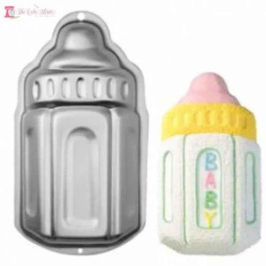 Baby Bottle Cake Tin Hire - Howick Collection, metal cake mold shaped like a baby bottle, with a colorful baby bottle cake next to it. Baby Bottle Cake Tin Hire - Howick Collection, metal cake mold shaped like a baby bottle, with a colorful baby bottle cake next to it.