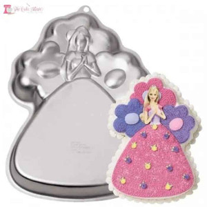 Celebration Barbie Cake Tin Hire - Howick Collection, a decorative metal cake mold shaped like Barbie in a pink dress with purple and pink hair, used for themed birthday cakes and celebrations. Celebration Barbie Cake Tin Hire - Howick Collection, a decorative metal cake mold shaped like Barbie in a pink dress with purple and pink hair, used for themed birthday cakes and celebrations.