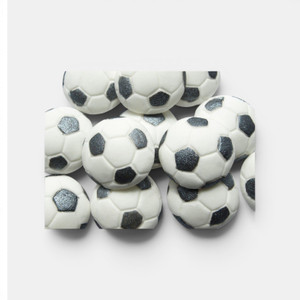 Handmade gumpaste soccer ball cake decorations available in packs of 6 or 12 for football-themed cakes and cupcakes.