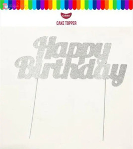 Silver Happy Birthday Cake Topper - Glitter Card Silver Happy Birthday Cake Topper - Glitter Card