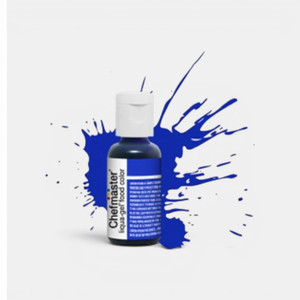 Chefmaster Liqua-Gel Royal Blue food colouring 20gm bottle with royal blue gel colour sample for cake decorating.