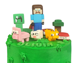 Handmade Minecraft edible cake decorations including Steve Creeper pig TNT sword tree fox and sheep