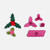 JEM Cupid Rose Holly & Berries Cutter Set with pink sugarcraft cutters and examples of green holly leaves, red berries and miniature pink roses.